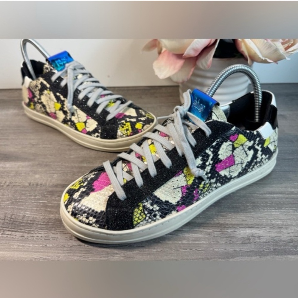 P448 Women's Sneakers in Black, White, and Pink Snakeskin